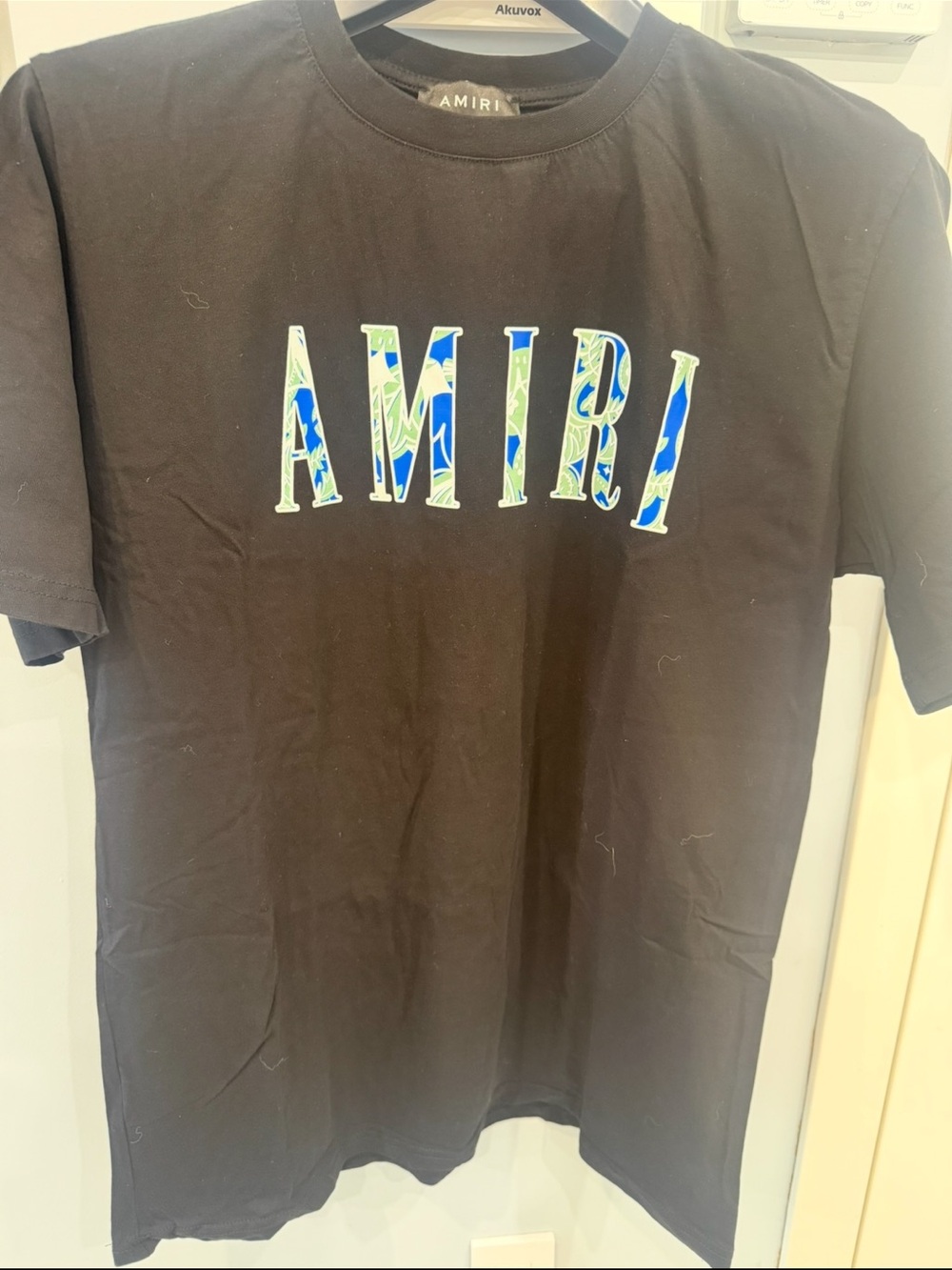AMIRI Black Short-Sleeve Tee with Blue & Green Patterned Logo